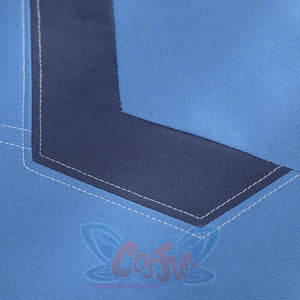 Human Torch Johnny Storm cosplay costume fabric layers light blue sections onto dark blue paneling beside white stitch lines.
