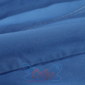 Human Torch Johnny Storm cosplay costume fabric close up reveals the dense weave of the durable blue cotton twill textile.