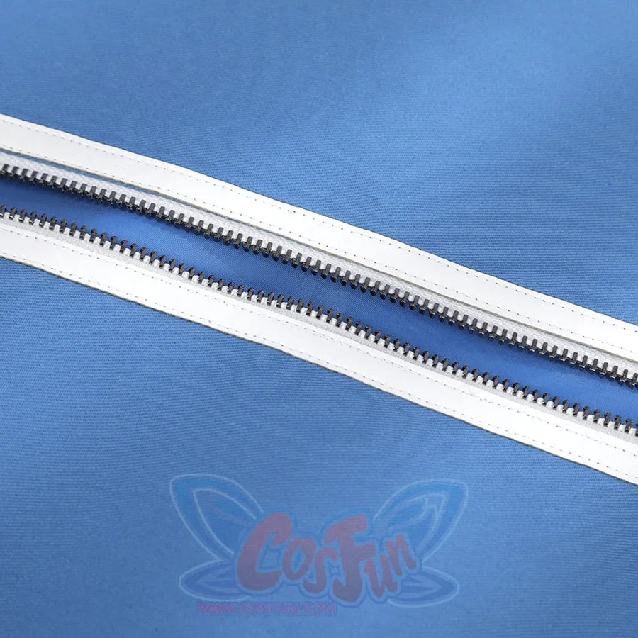 Human Torch Johnny Storm cosplay costume fabric layers gather at a secure silver-tone zipper track on blue textile.