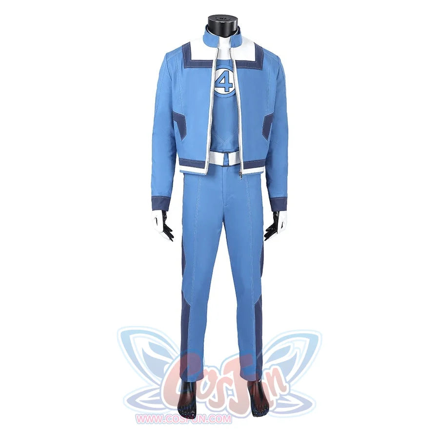Human Torch Johnny Storm cosplay costume layers a blue jacket over a matching shirt and pants while white gloves finish look.