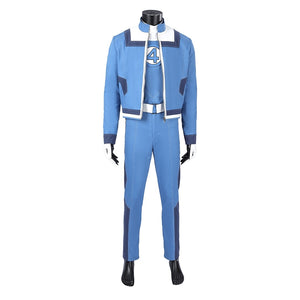 Human Torch Johnny Storm cosplay costume layers a blue jacket over a matching shirt and pants while white gloves finish look.