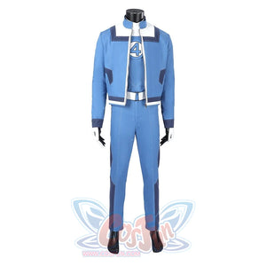 Human Torch Johnny Storm cosplay costume layers a blue jacket over a matching shirt and pants while white gloves finish look.