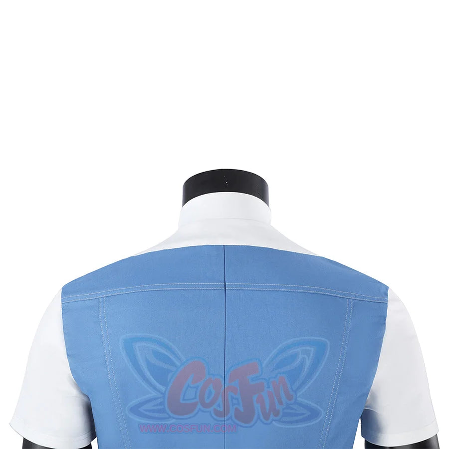 Human Torch Johnny Storm cosplay costume captures the back detail of a blue jacket layered over a white inner shirt fabric.