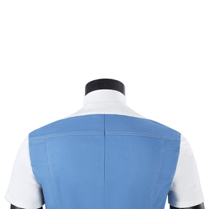 Human Torch Johnny Storm cosplay costume captures the back detail of a blue jacket layered over a white inner shirt fabric.