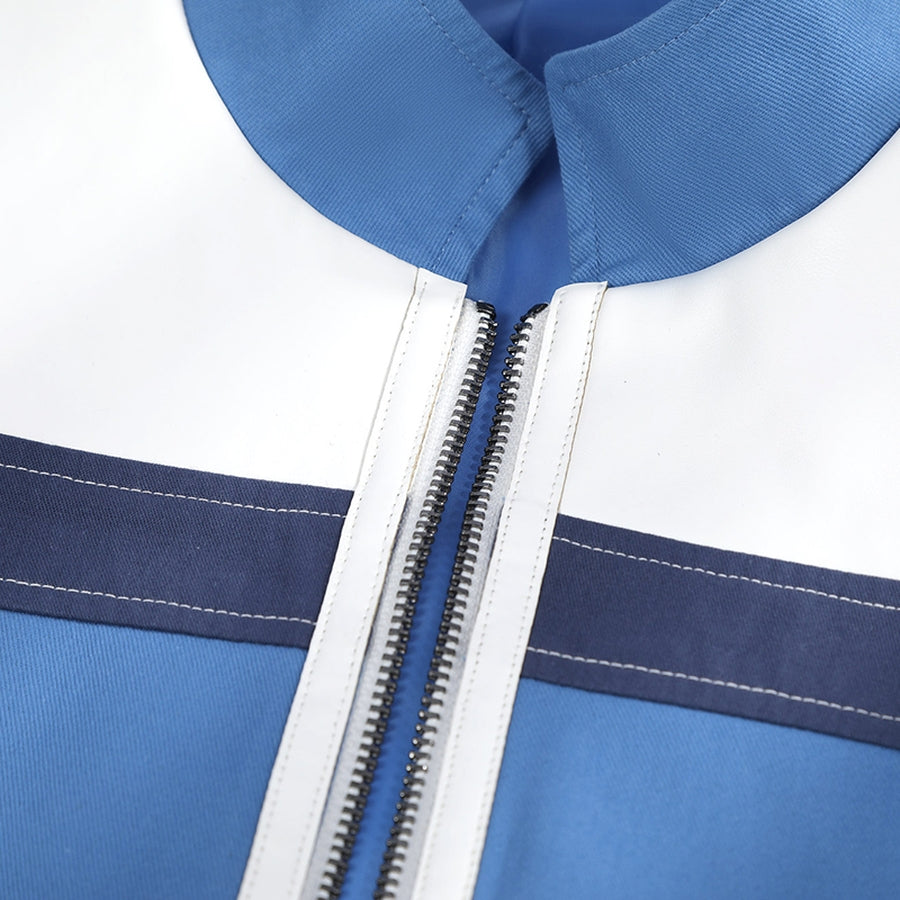 Human Torch Johnny Storm cosplay costume blue and white jacket panels anchor a vertical black zipper center closure detail.