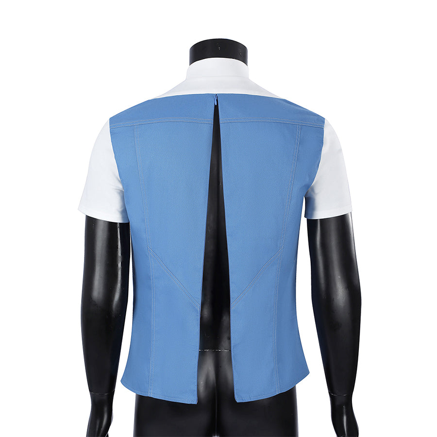 Human Torch Johnny Storm cosplay costume blue jacket layers over a white inner shirt while the back slit centers the view.