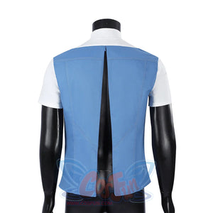 Human Torch Johnny Storm cosplay costume blue jacket layers over a white inner shirt while the back slit centers the view.
