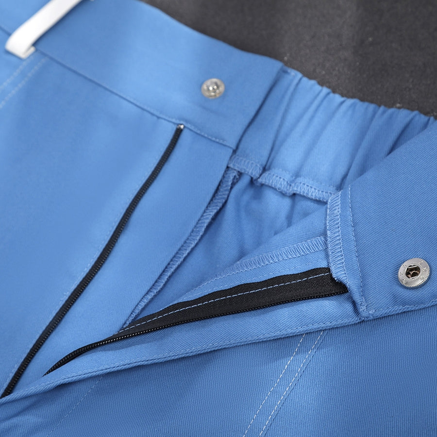 Human Torch Johnny Storm cosplay costume blue pants detail zipper fly and metal snap closure secure the tailored waistline.