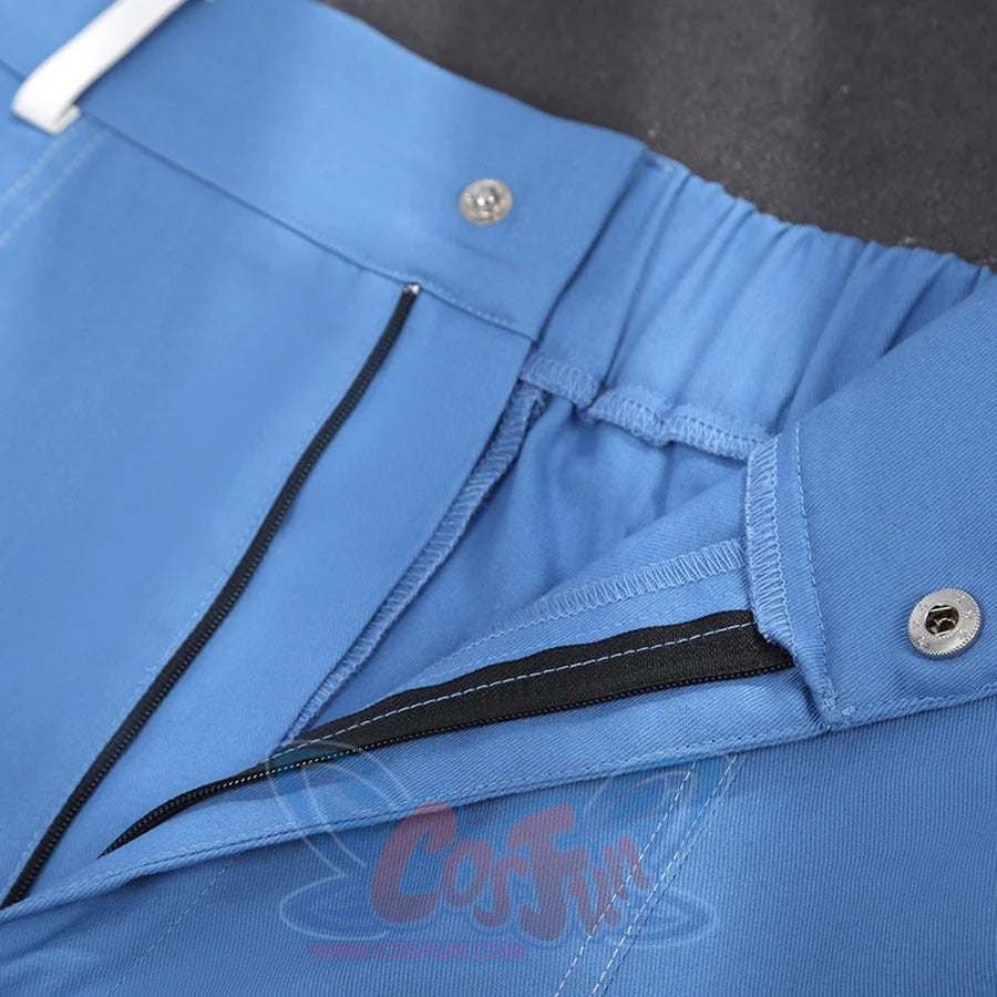 Human Torch Johnny Storm cosplay costume blue pants detail zipper fly and metal snap closure secure the tailored waistline.
