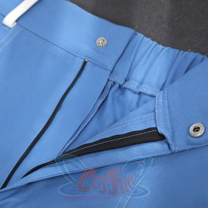 Human Torch Johnny Storm cosplay costume blue pants detail zipper fly and metal snap closure secure the tailored waistline.