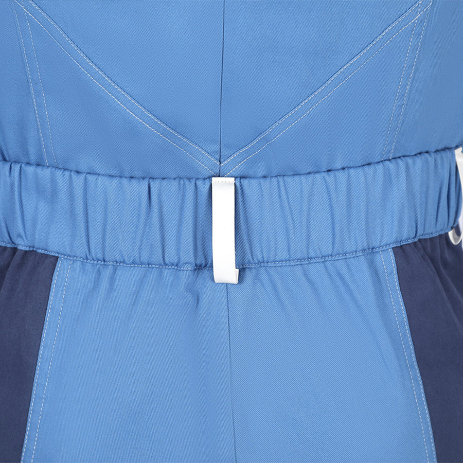 Human Torch Johnny Storm cosplay costume blue pants gathers at the waist area to anchor a central white belt loop detail.