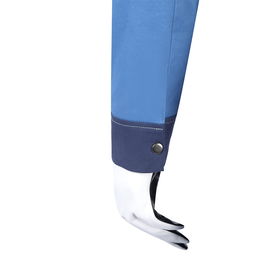 Human Torch Johnny Storm cosplay costume sleeve detail gathers into a dark blue cuff beside a silver-tone tone button.
