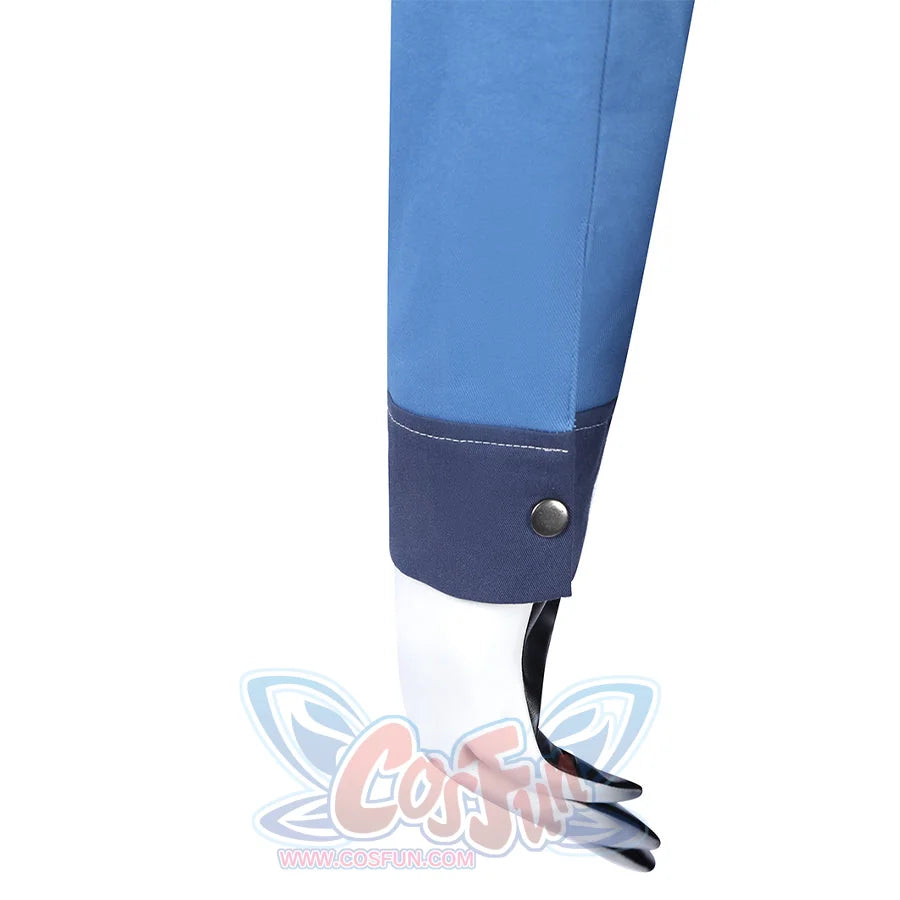Human Torch Johnny Storm cosplay costume sleeve detail gathers into a dark blue cuff beside a silver-tone tone button.