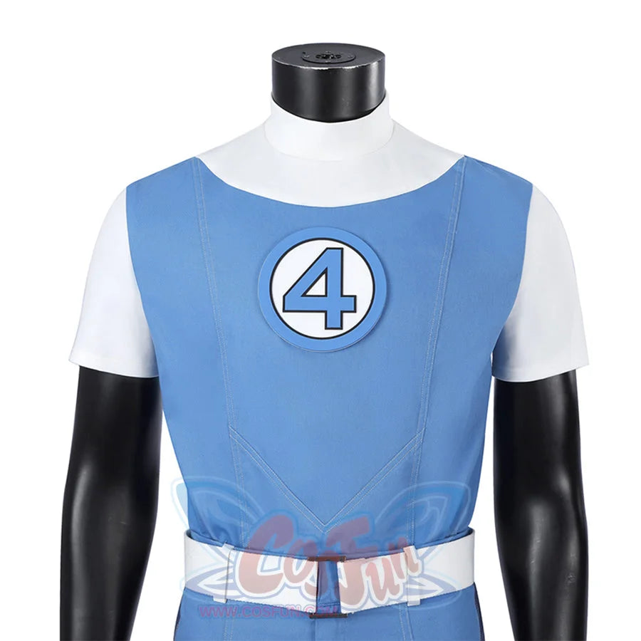 Human Torch Johnny Storm cosplay costume centers a blue torso piece that layers a white collar above the number four emblem.