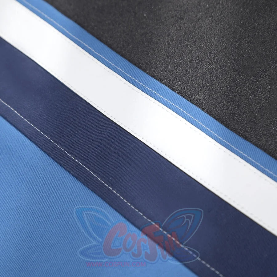 Human Torch Johnny Storm cosplay costume fabric layers frame a crisp white stitched stripe across blue tonal materials.