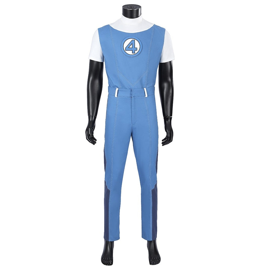 Human Torch Johnny Storm cosplay costume captures a blue jumpsuit base that frames a white shirt and centered number four.