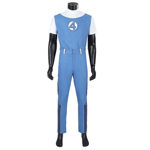 Human Torch Johnny Storm cosplay costume captures a blue jumpsuit base that frames a white shirt and centered number four.
