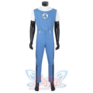 Human Torch Johnny Storm cosplay costume captures a blue jumpsuit base that frames a white shirt and centered number four.