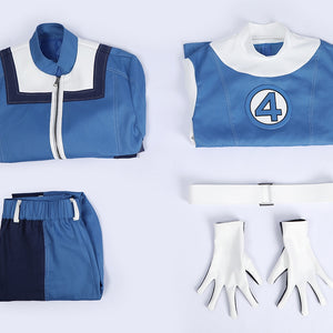 Human Torch Johnny Storm cosplay costume blue and white jacket inner shirt pants belt and gloves.