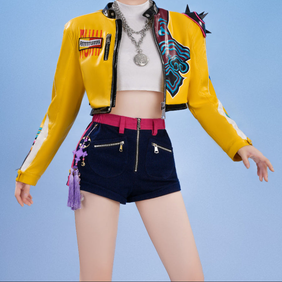 COSFUN HUNTR/X Rumi cosplay costume front view layers a yellow cropped jacket over a white top and navy shorts