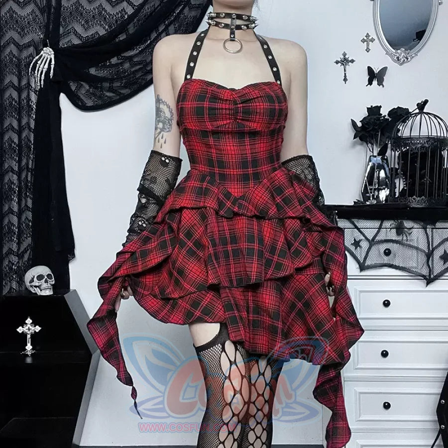 Sweet And Cool Irregular Slim Plaid Dress S22929 Halter / S