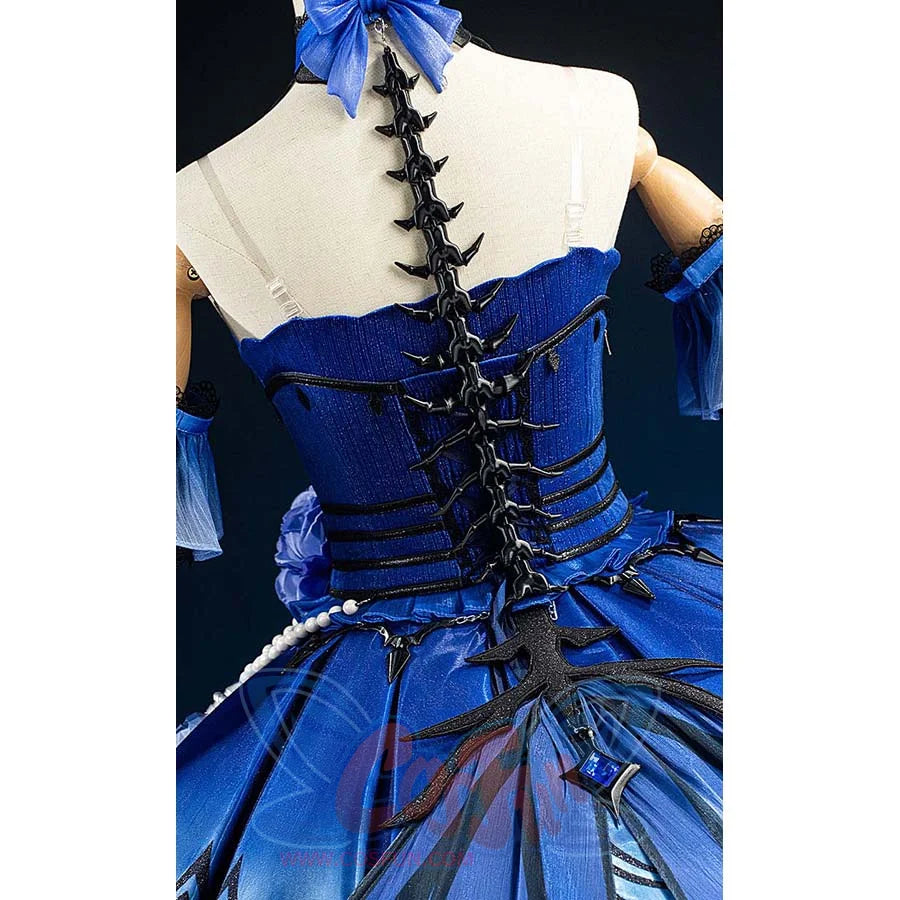 Identity V Truth & Inference Grace cosplay costume back lacing detail crosses black cord over blue satin.