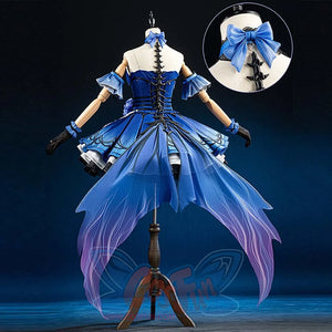 Identity V Truth & Inference Grace cosplay costume back view frames blue lacing and ombre train tails.