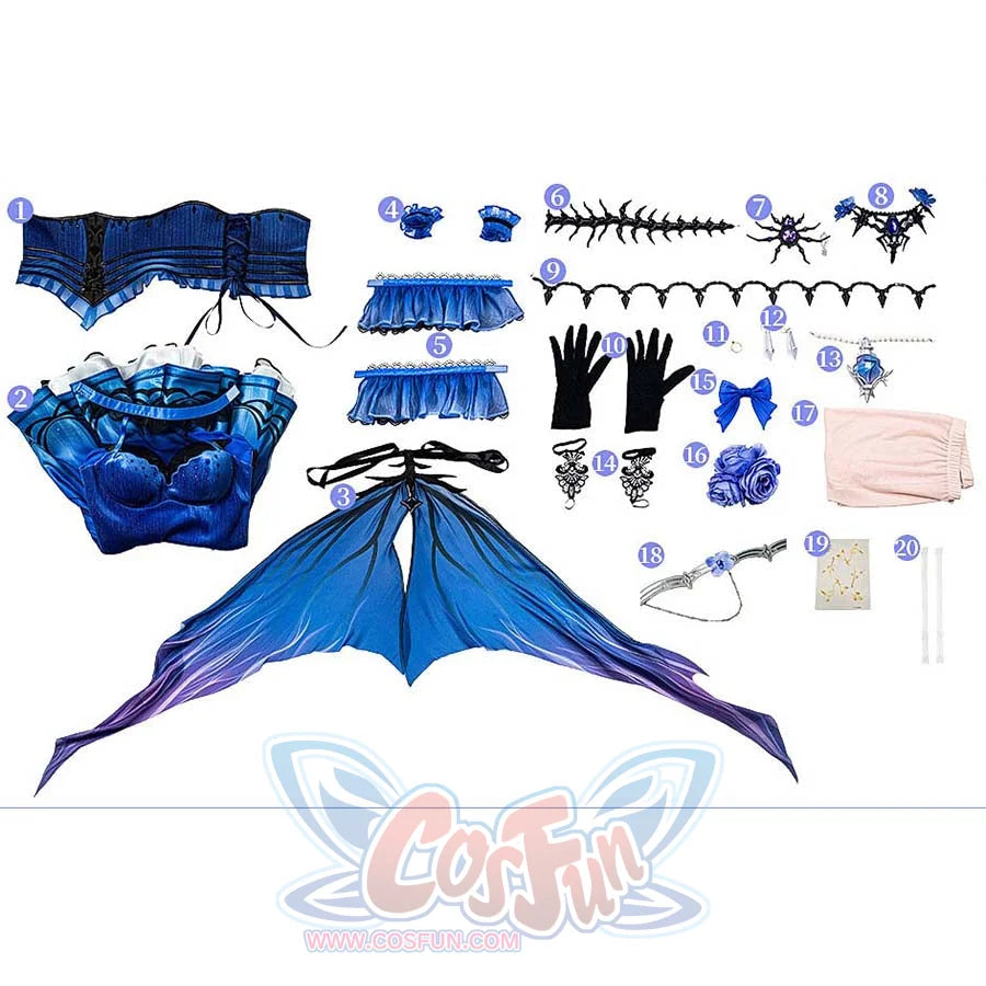 Identity V Truth & Inference Grace cosplay costume flat lay gathers the dress, train tail, gloves, jewelry, and accessories.