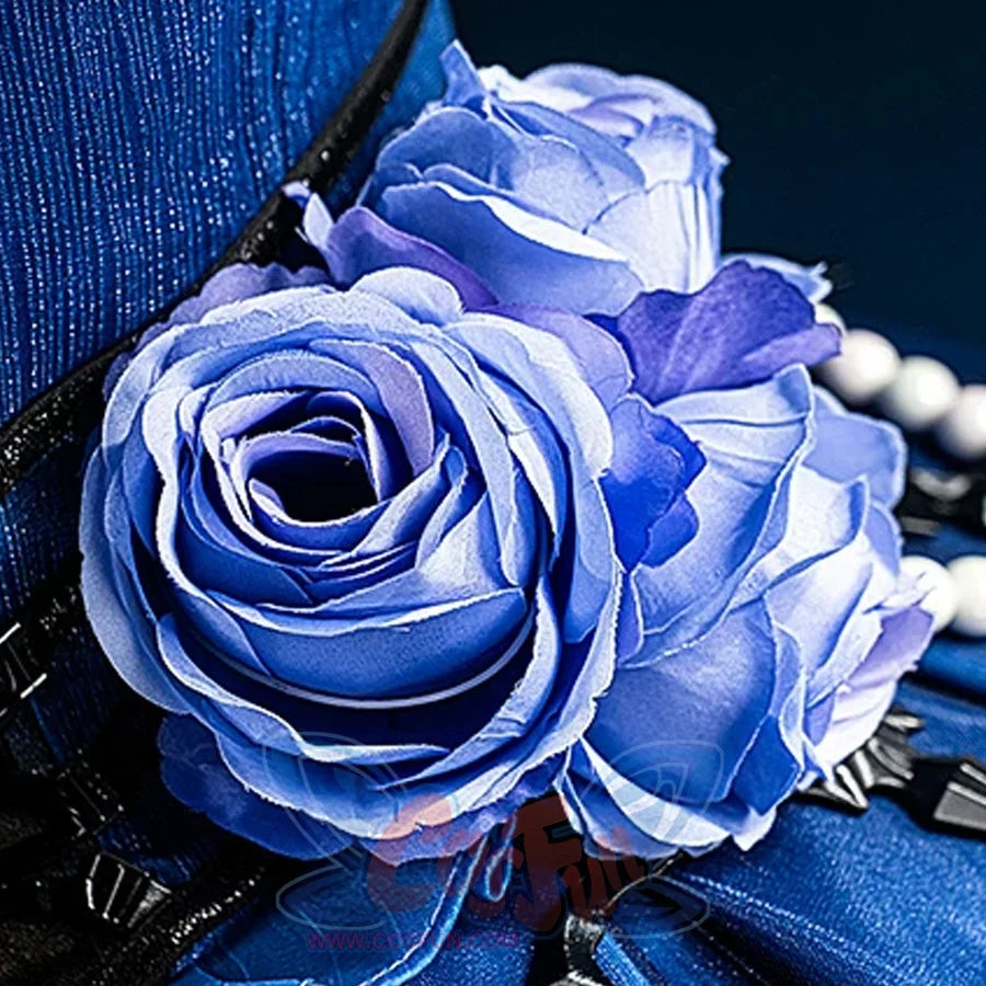 Identity V Truth & Inference Grace cosplay rose waist decoration layers blue petals beside pearl trim.