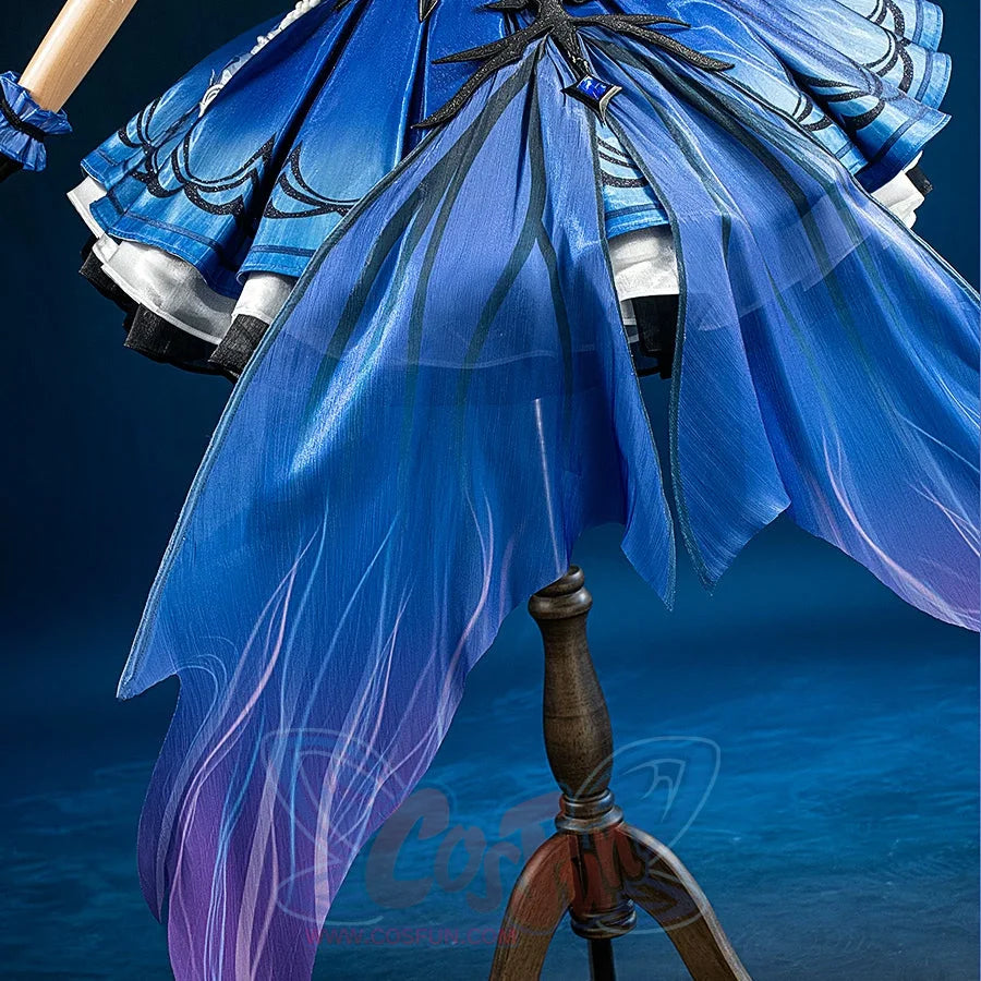 Identity V Truth & Inference Grace cosplay train tail detail flows from blue pleats into purple ombre tips.