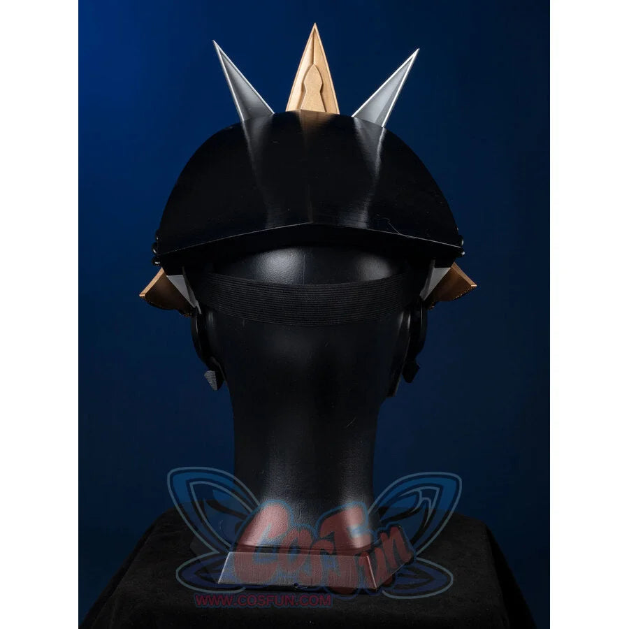 Genshin Impact Il Capitano cosplay helmet back view, black shell with elastic strap and top spikes