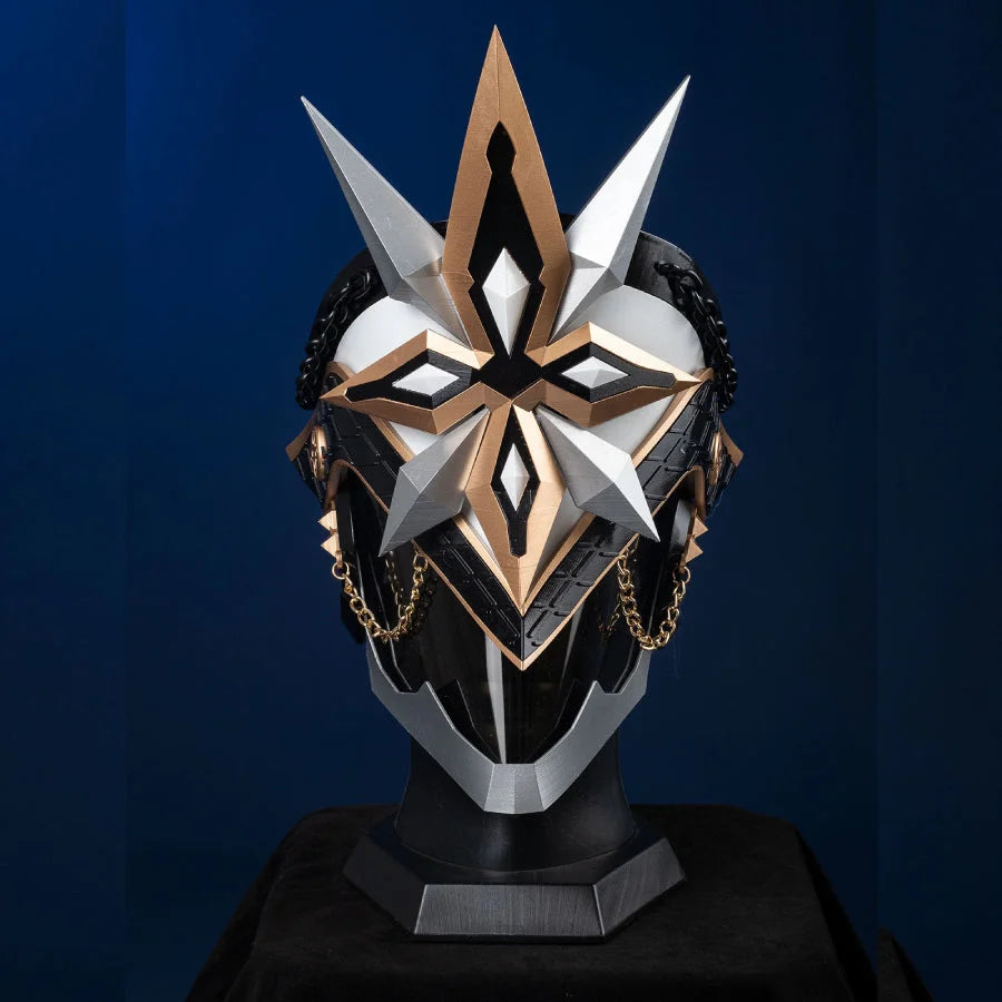 Genshin Impact Il Capitano Fatui Harbinger cosplay helmet front view, resin prop with gold spike and black mask
