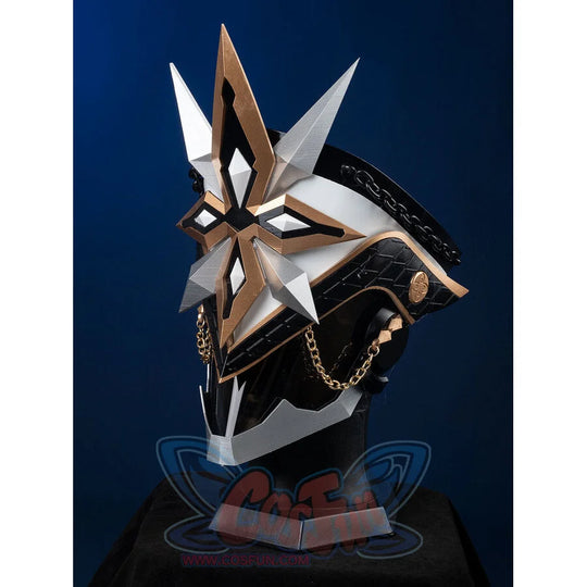 Genshin Impact Il Capitano cosplay helmet left angle, Fatui Captain resin prop with white panels and gold chains