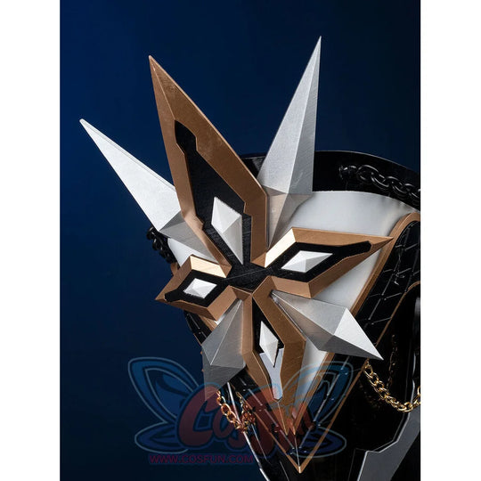 Close-up of Genshin Impact Il Capitano cosplay helmet, resin details with gold trim, silver spikes and white raised patterns