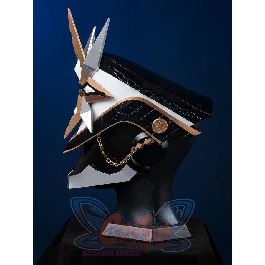 Genshin Impact Il Capitano cosplay helmet side view, black jaw area with gold chain and silver trim resin prop
