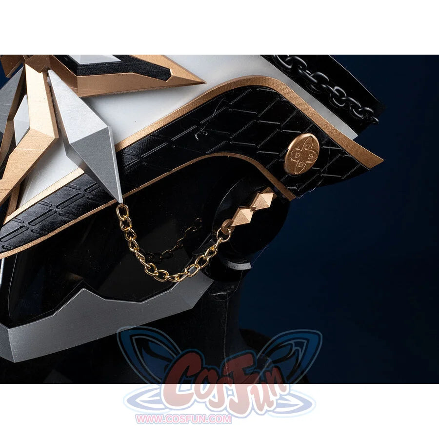 Side close-up of Genshin Impact Il Capitano Fatui Captain cosplay helmet, black textured panel with gold ornament and chain