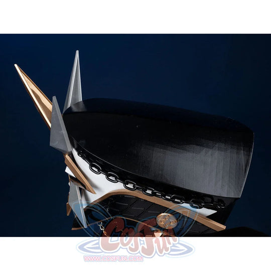 Top close-up of Genshin Impact Il Capitano cosplay helmet, black shell with white side band and gold trim resin prop