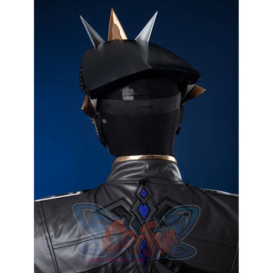 Genshin Impact Il Capitano cosplay helmet worn back view, resin prop with black shell, strap, and blue back detail