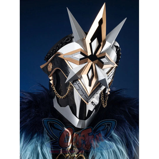 Genshin Impact Il Capitano cosplay helmet worn front view, resin prop with star mask, fur collar, one size 65 cm
