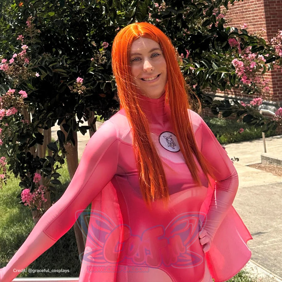 Invincible Atom Eve cosplay costume upper body view frames the chest emblem beside a sheer pink shawl.