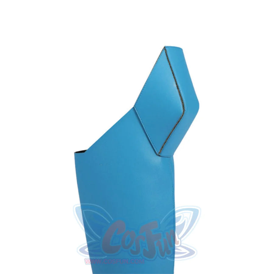 Invincible Mark Grayson cosplay boots centering the angled cuff design on a light blue matte PU leather boot top sleeve.