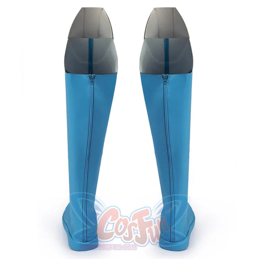 Invincible Mark Grayson cosplay boots centering the light blue shafts, grey upper cuffs, and back zippers.
