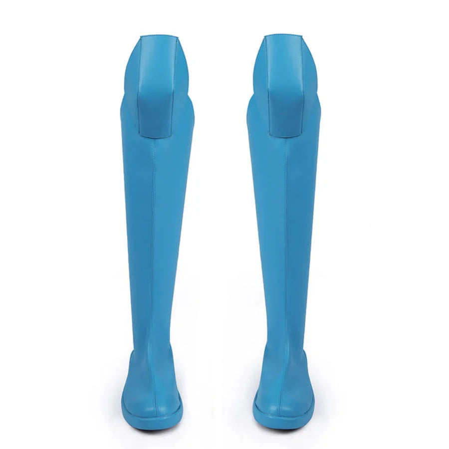 COSFUN Invincible Mark Grayson cosplay boots in light blue matte PU leather pairing a tall over-the-knee flap.