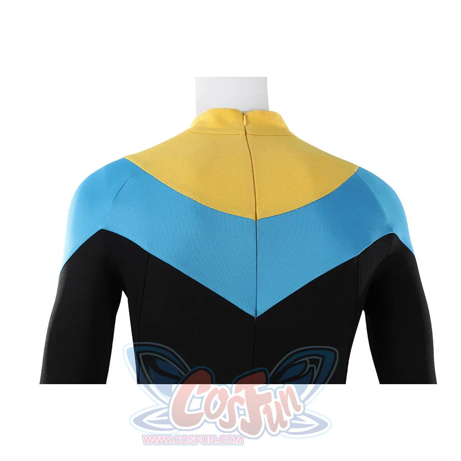 Invincible Mark Grayson cosplay costume upper back with a teal and yellow chevron design and a central zipper.