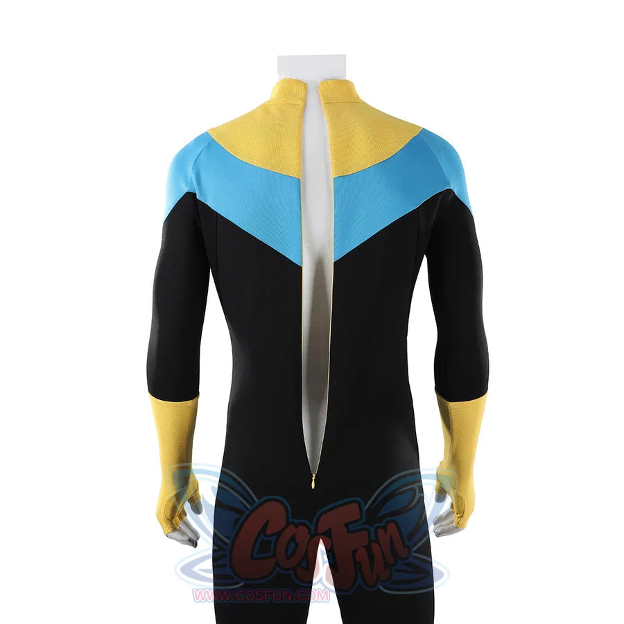 Invincible Mark Grayson cosplay costume back view frames blue and yellow chevrons near the zipper.