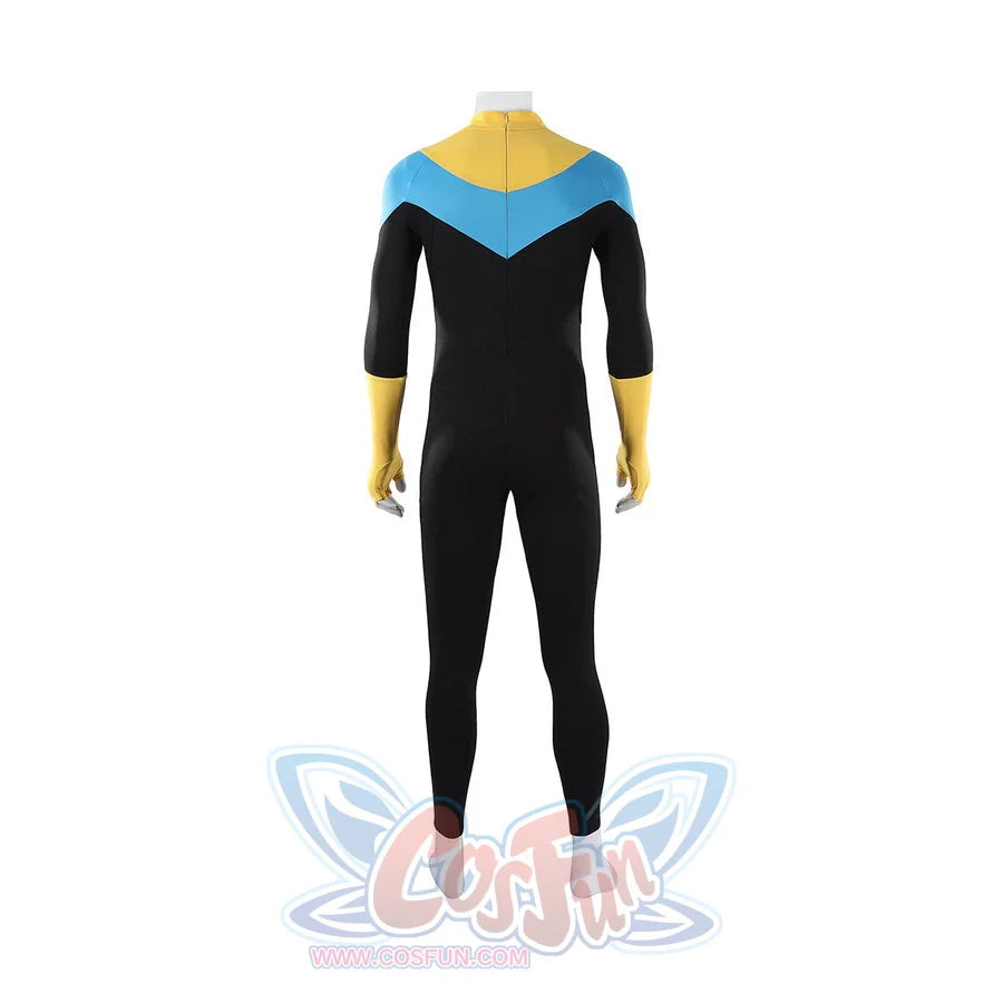 Invincible Mark Grayson cosplay costume full body back view, a black suit with integrated yellow gloves.