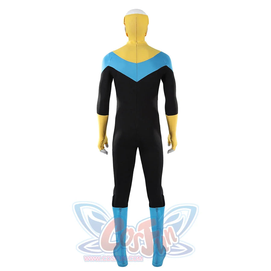 Invincible Mark Grayson cosplay costume shown in a back view, pairing the full suit with attached boots and mask.