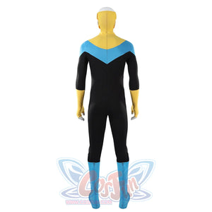 Invincible Mark Grayson cosplay costume shown in a back view, pairing the full suit with attached boots and mask.