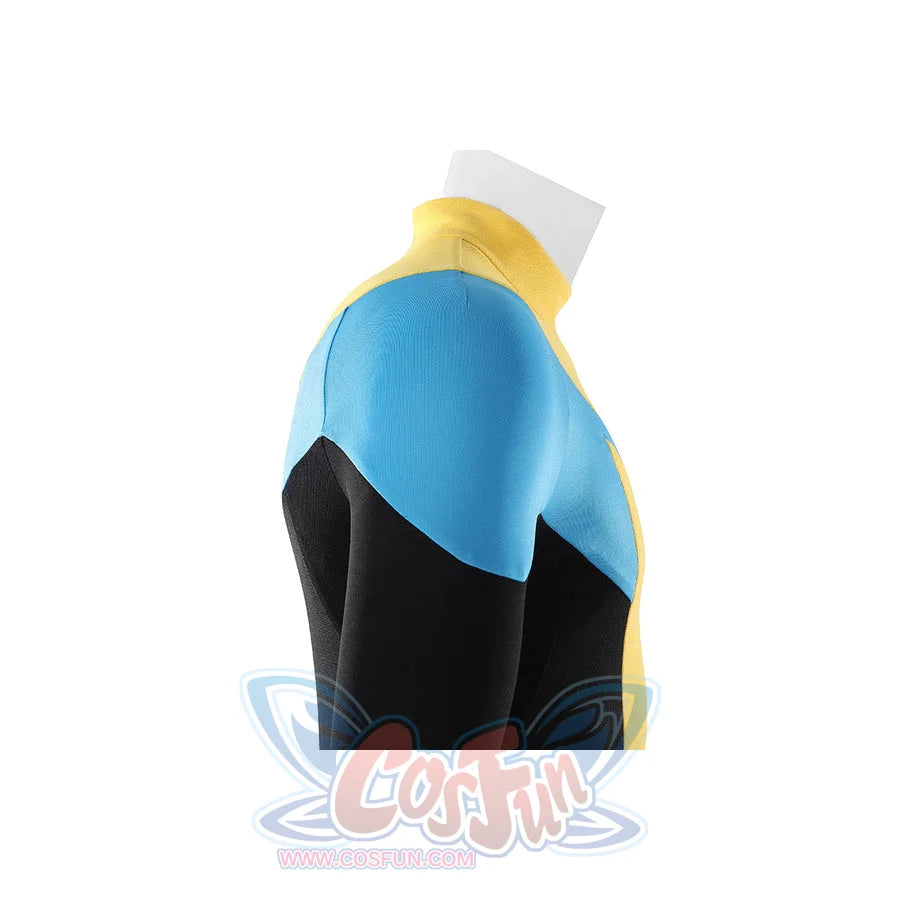 Invincible Mark Grayson cosplay costume pairing stretch textured blue and black fabric and yellow collar details.