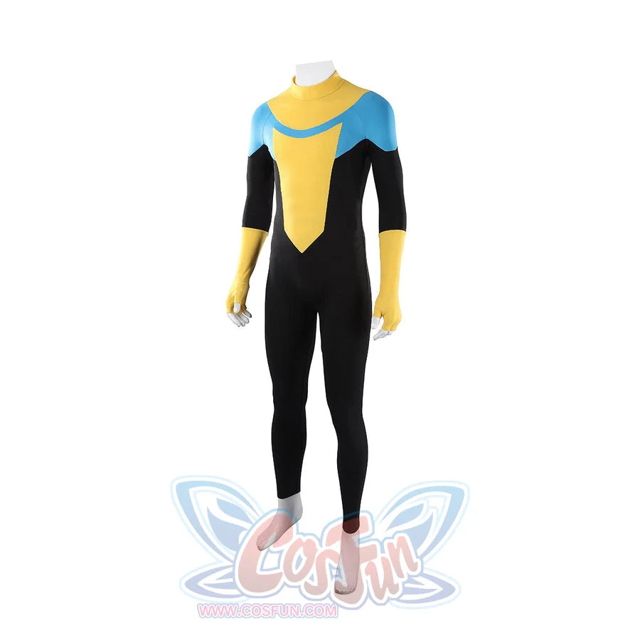 Invincible Mark Grayson cosplay costume centers the full body black, blue, and yellow stretch fabric bodysuit.